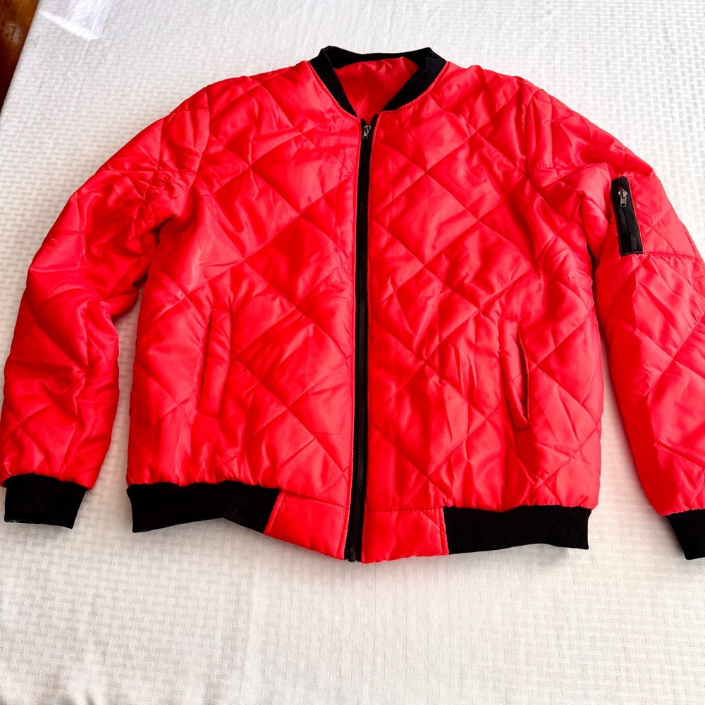 Red Quilted Bomber Jacket Streetwear Zip Up Utility XXL Han Ming Xuan